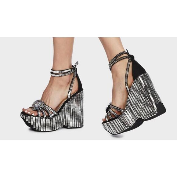 BNIB~AZALEA WANG Rosalia Black & Silver Platform Sparkle Wedge Heel Sandals Sz 1 - Picture 11 of 11